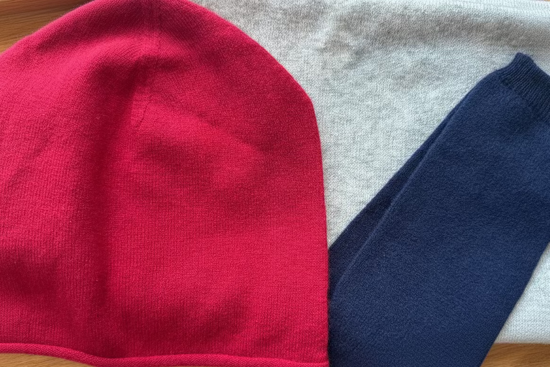 Light grey cashmere scarf, red hat and navy wrist warmers 