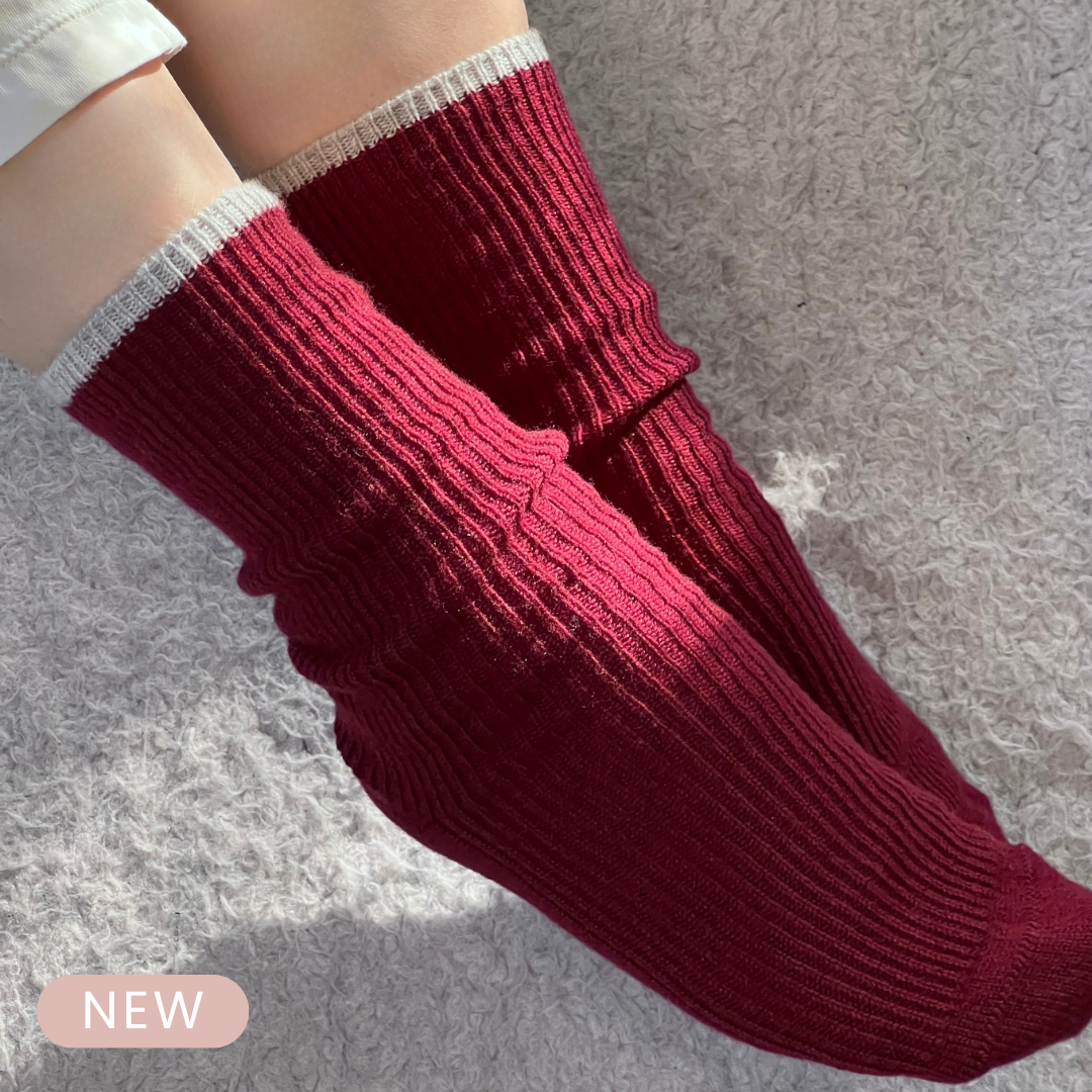 Maroon cashmre socks with light grey trim. Cashmere Lounge socks.