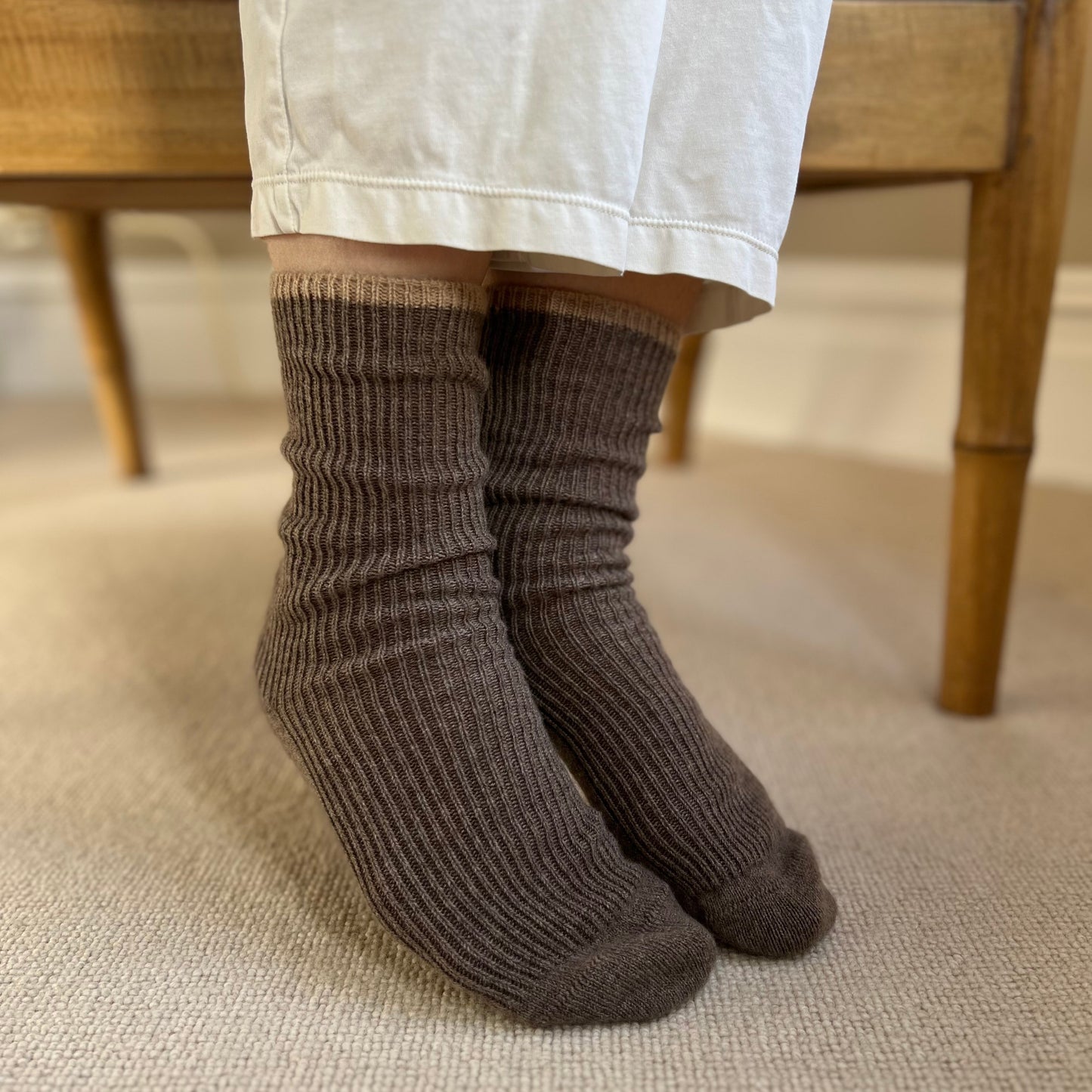 Natural Cashmere Lounge Socks worn indoors