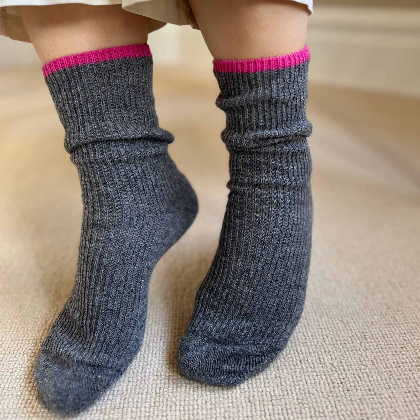 Grey Cashmere Socks worn as lounge socks