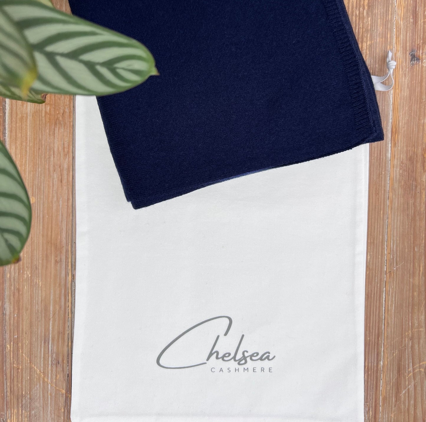 Navy cashmere scarf with Chelsea Cashmere dust bag