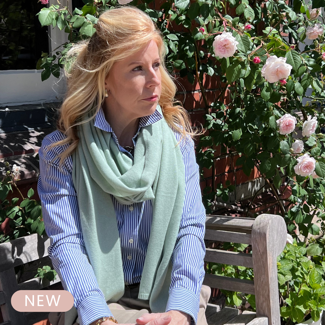 Cashmere Summer Scarf in light sage green. Cashmere summer colours.