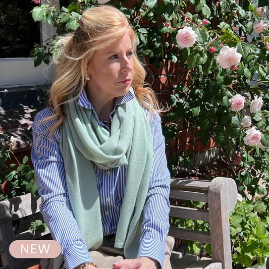 Cashmere Summer Scarf in light sage green. Cashmere summer colours.