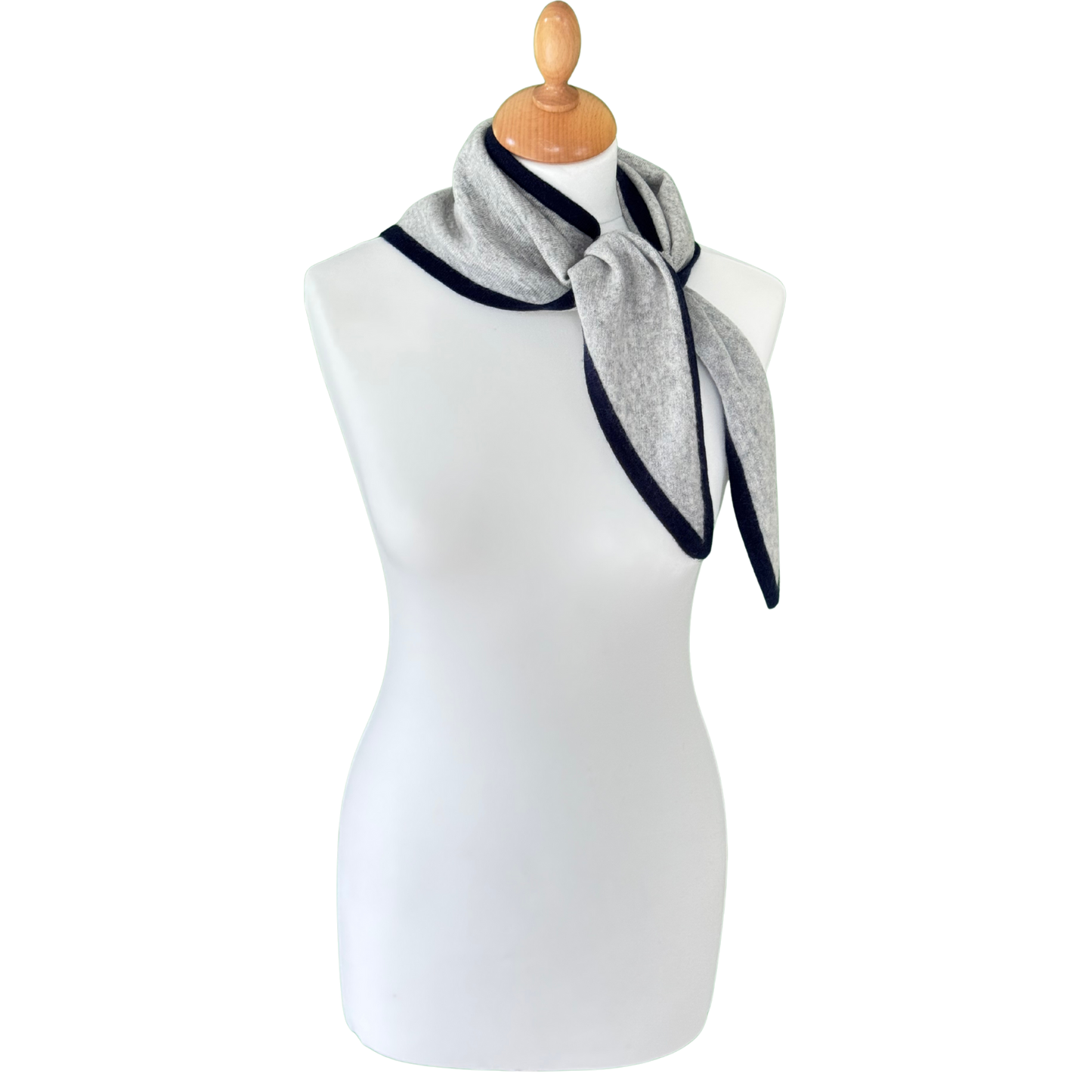 Cashmere Triangle Scarf Light Grey with navy trim tied
