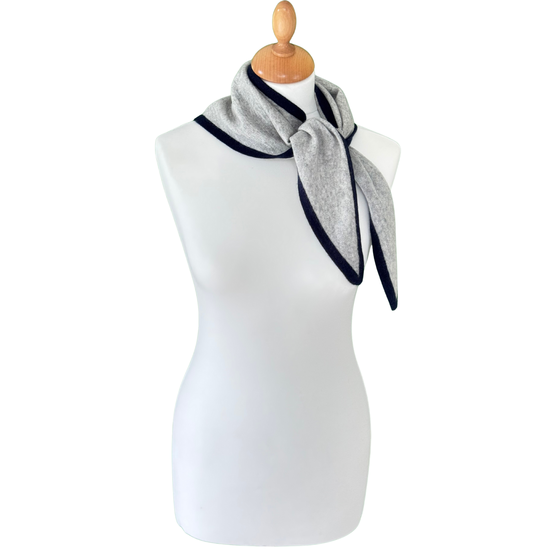 Cashmere Triangle Scarf Light Grey with navy trim tied