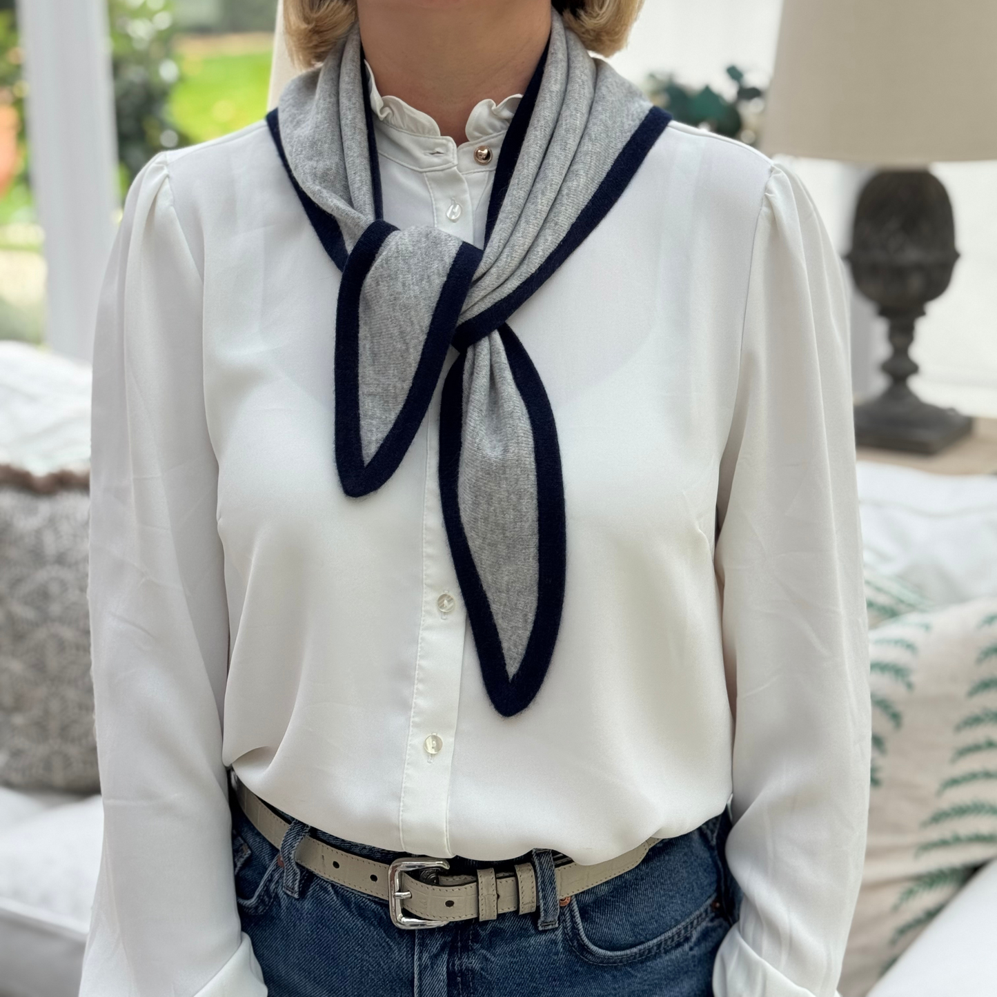 Cashmere Triangle Scarf Light Grey with navy trim how to wear