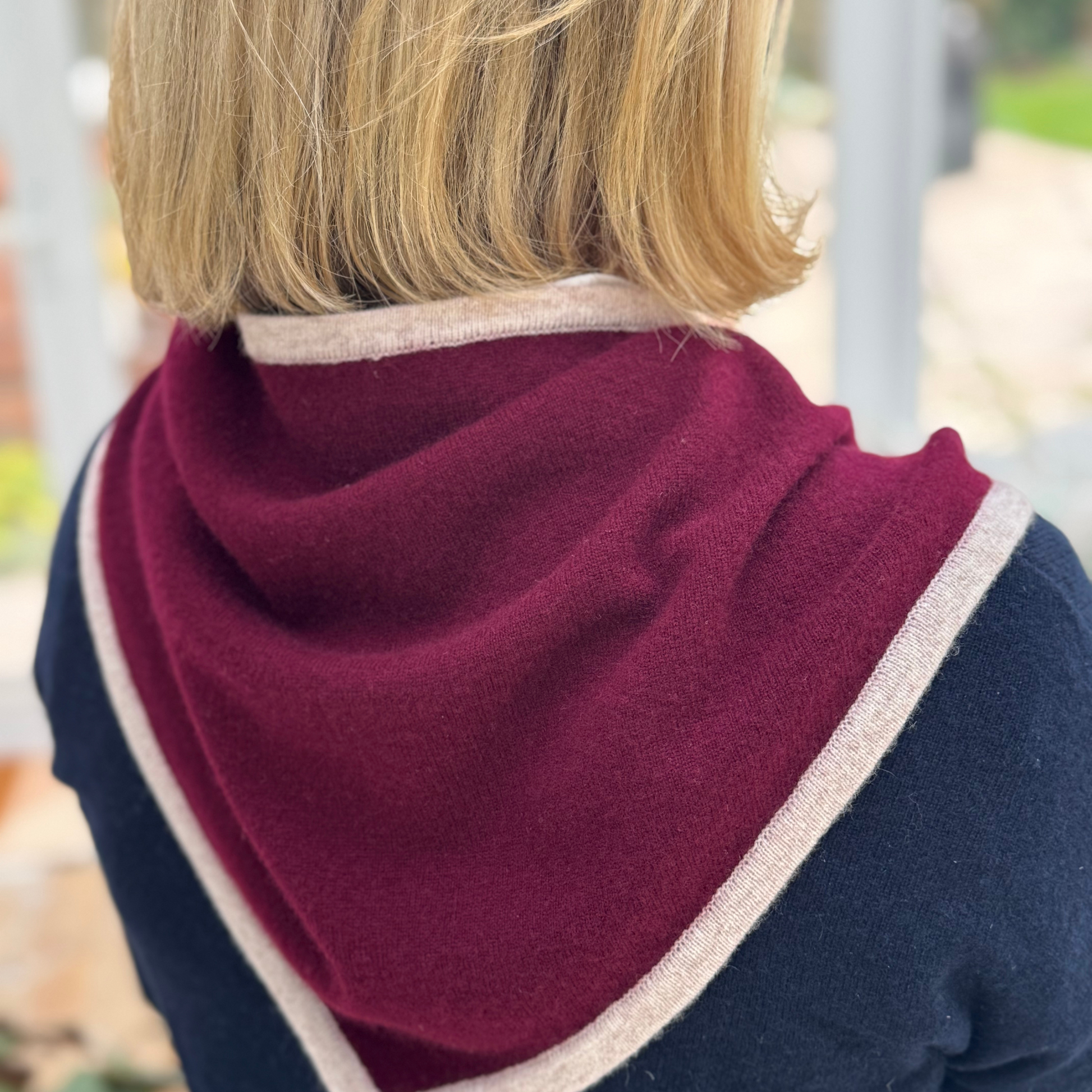 Cashmere Triangle Scarf burgundy with sand beige trim