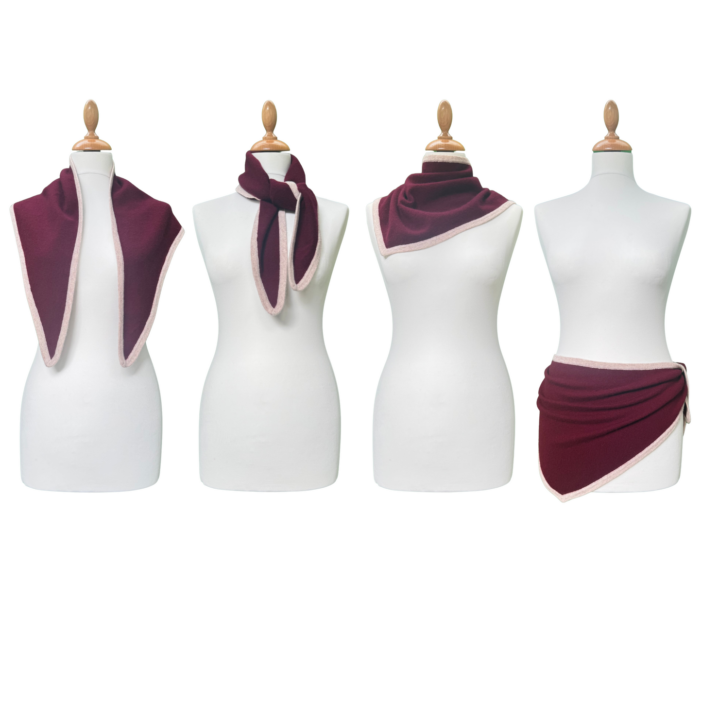 Four ways to wear a cashmere triangle scarf burgundy with sand beige trim