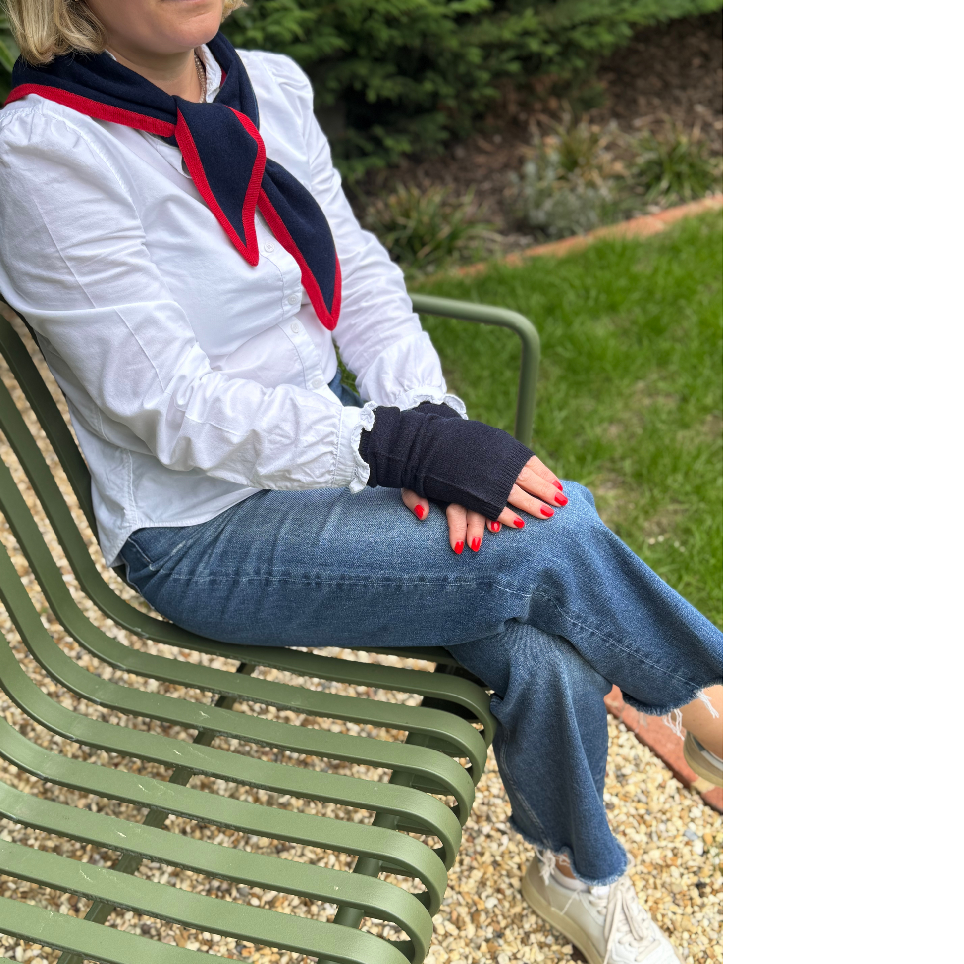 Cashmere triangle scarf navy blue with red trim navy cashmere wrist warmers