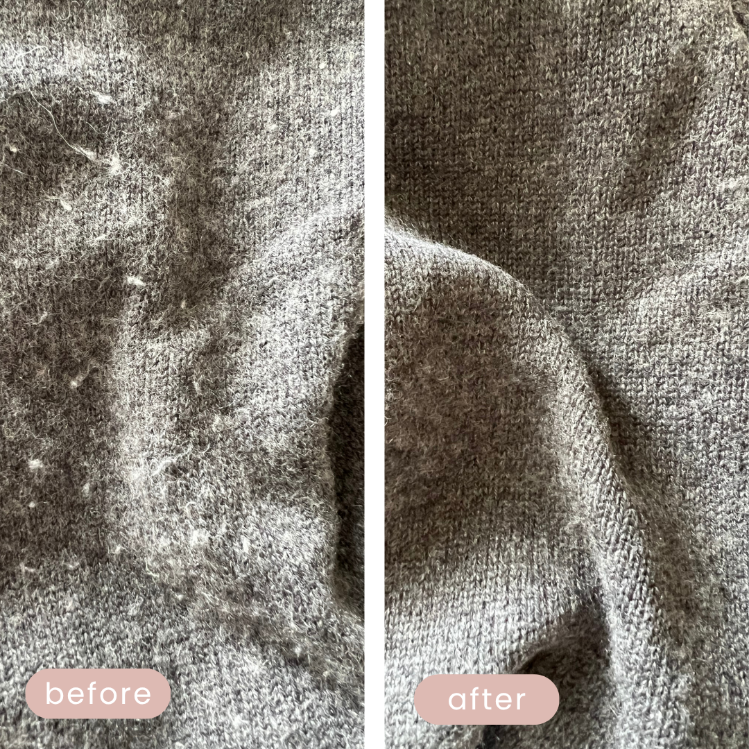 Cashmere before and after use of electric lint remover with 'before' on the left and 'after' on the right.